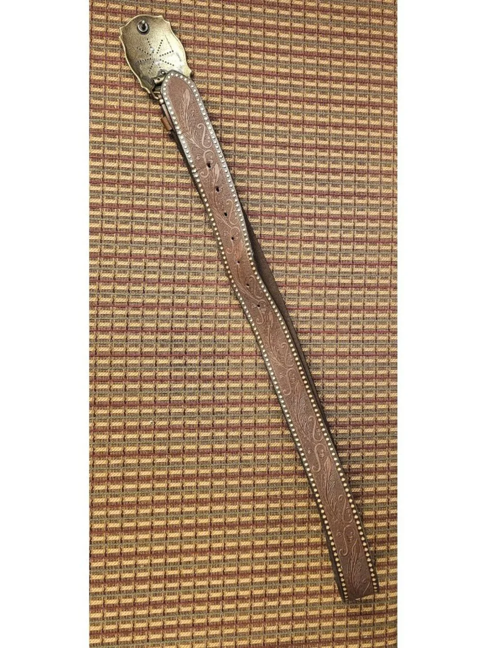 Vintage Western Leather Belt With Ornate Brass Buckle And Tooled Floral Design -